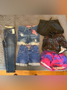 Size 4/5- Girls Mixed Shorts & Leggings Bundle - Denim, Black, Neon Pink/Blue